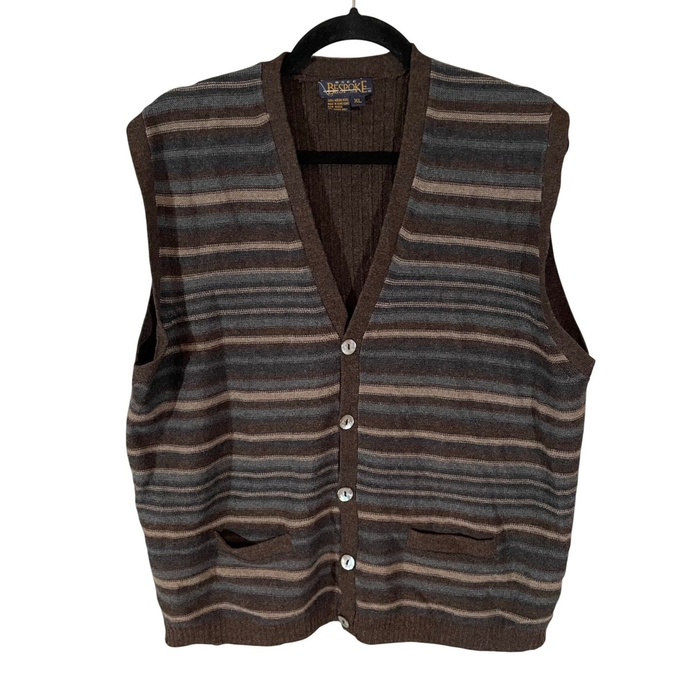 Bespoke Mens XL Striped V Neck Button‎ Front Merino Wool Vest Dark Academia